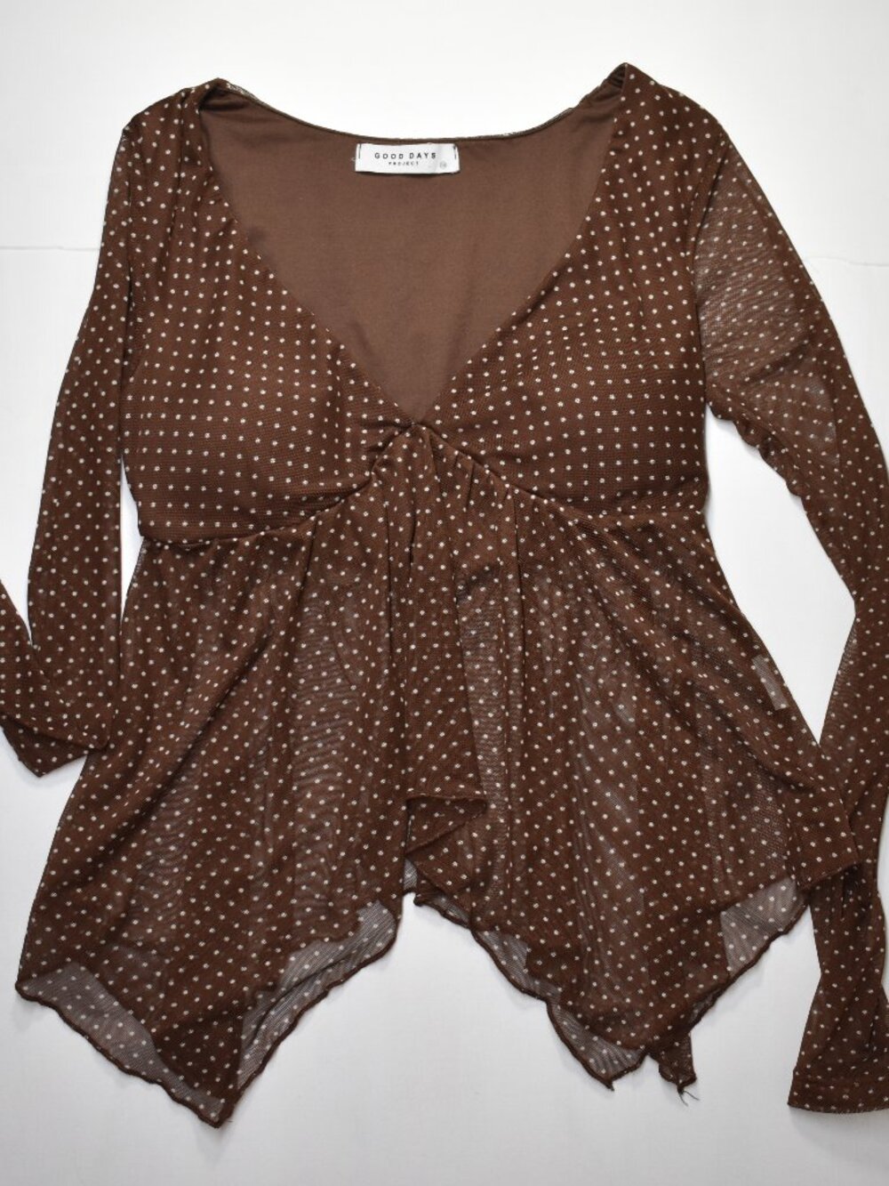 Good Days Projects Brown Polka Dot Babydoll Sheer Top Long Sleeve